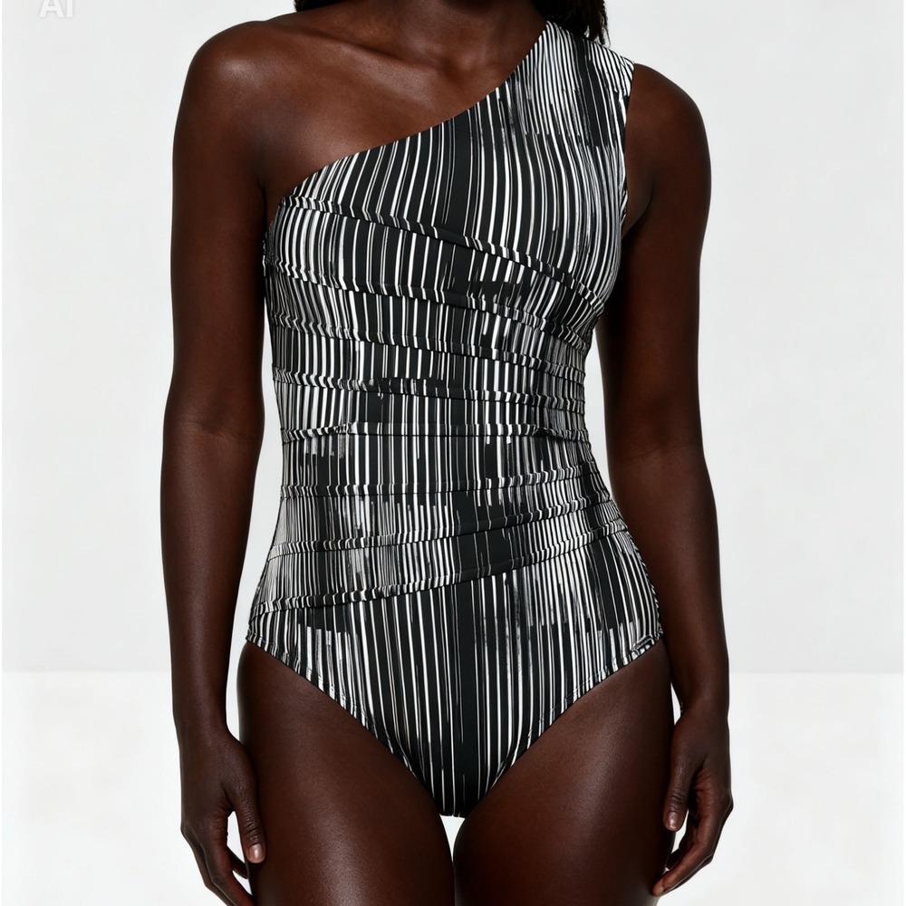 Calvin Klein One-Shoulder One Piece Swimsuit in Black Multi Dry Brush Size 12 - Picture 1 of 6